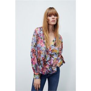 Zara Lavender Floral Ruffle V-Neck Blouse